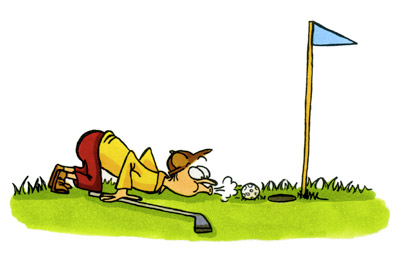 cartoon golfer blowing ball into hole